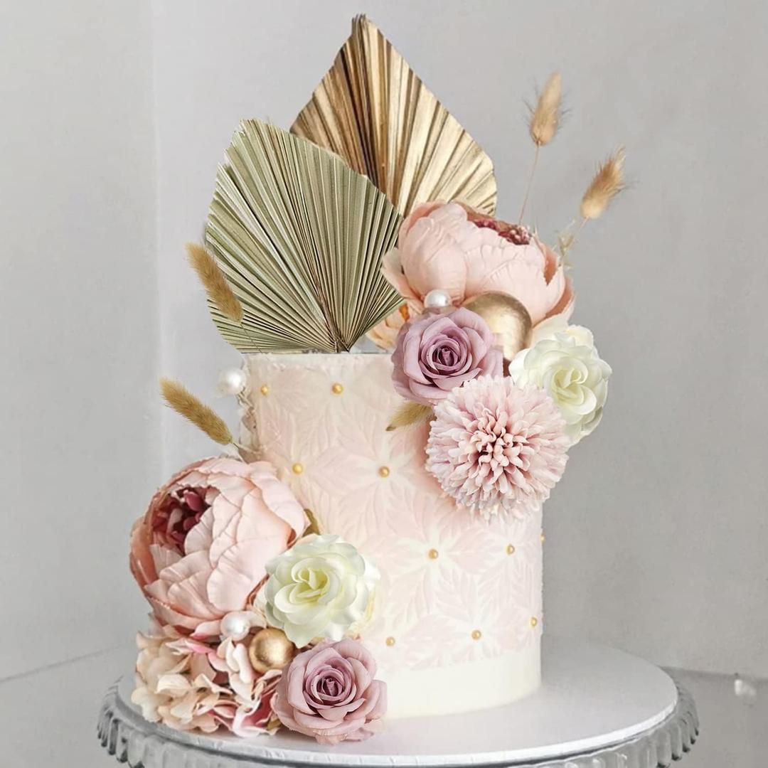 32 PCS Boho Cake Topper Flower Palm Leaves Cake Decorations for Bohemian Wedding Baby Shower Birthday Party Supplies (Boho) (Boho)