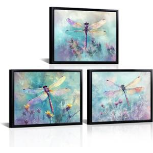 seteuret Dragonfly Wall Art, Flower Pictures Wall Decor - Blue and Purple Nature Home Decor for Bedroom Bathroom Living Room,12"x16", 3Pcs