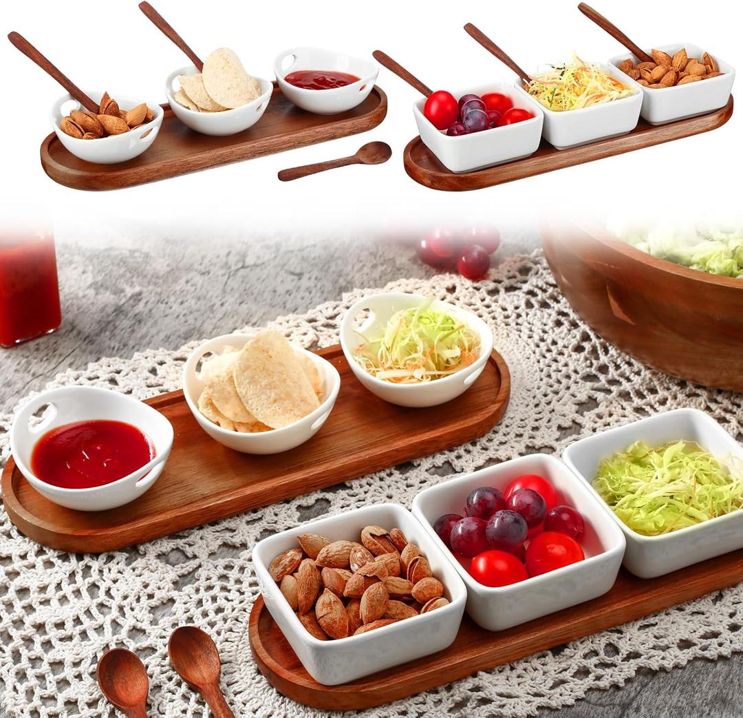 2 Sets Ceramic Chip and Dip Serving with Acacia Wood Tray and Spoons Serving Dishes for Entertaining 3 Dipping Bowls with Handles 3 Square Sauce Cups Condiment Tray for Snacks Appetizers