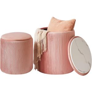 IBUYKE Storage Ottoman Set of 2 Round Ottoman for Dorm Vanity Stool with Storage Velvet Footrest Stool End Table Boucle Ottoman Seat Pink UWBD005P