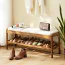 Shoe Bench Entryway Bamboo 2-Tier Shoe Rack with Cushion Padded Seat Shoe Bench Organizer Stable for Entry, Hallway, Living Room, Bedroom, Closet (39.4 * 11.4 * 16.5IN, Brown-Beige)