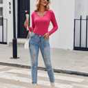 Zeagoo Womens Long Sleeve Shirts V-Neck Rib Knit Slim Fit Tops Casual Stretch Basic Tee Going Out Top Fall Fashion 2025 (Pink, M)