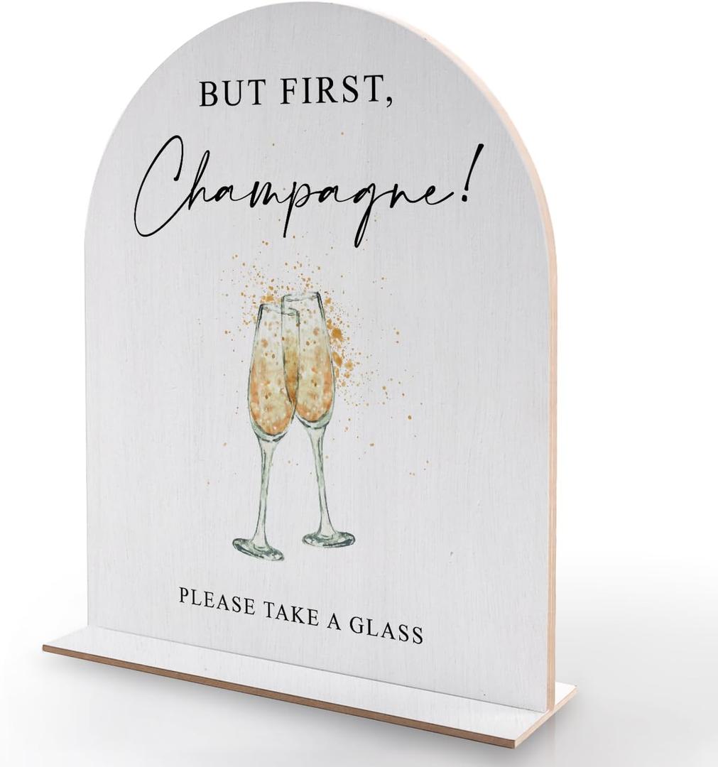 But First, Champagne - Wedding Party Sign and Base, 10 x 8 Inch, Decor Supplies for Reception, Bridal Shower, Engagement - Elegant Minimalist Style