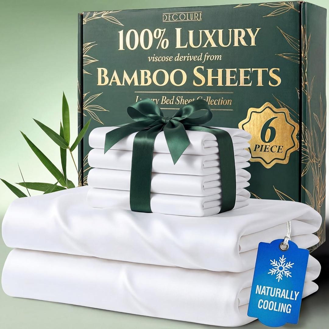 DECOLURE 100% Viscose Derived from Bamboo Sheets Queen Size - Luxury 6 Pc Naturally Cooling Sheets, Ultra Soft Bed Set - Deep 17" Pockets, Durable Double Stitching, Oeko Tex Standard (White)