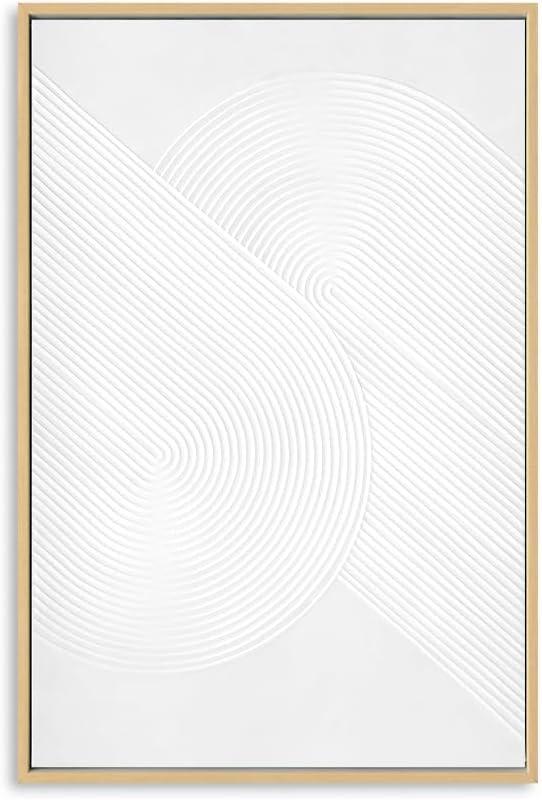 XMMPOT Contemporary White Textured Wall Art: Retro Plaster Geometric Abstract Painting Line Spiral Shapes Wall Decor for Living Room, Bedroom Modern Neutral Art Decoration Framed 16"x24"