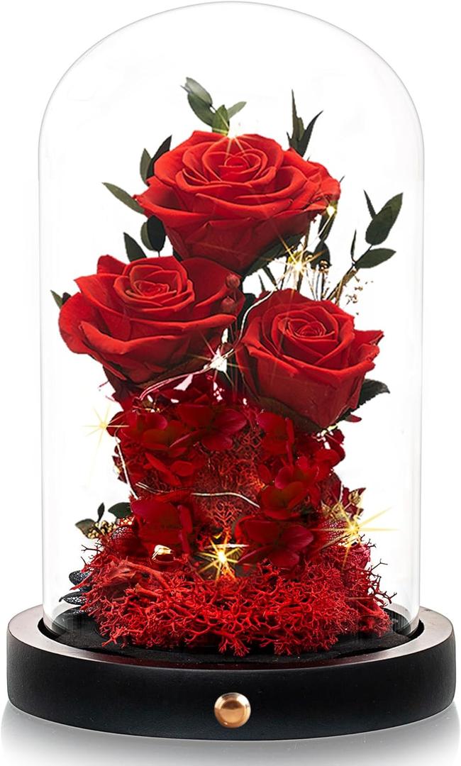 DENIMOMO Valentines Day Flowers Roses Gifts for Women Her,Forever Preserved Rose in Glass Dome, Valentines Anniversary Birthday Real Roses Gifts for Wife Women Girlfriend Best Friend/Red