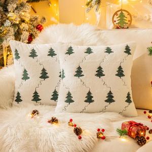 AQOTHES Christmas Tree Embroidered White Throw Pillows Cover 20x20 Inch, Set of 2 Packs Winter Soft Fluffy Decorative Throw Pillows Covers Decor for Home Sofa Couch Bed Room