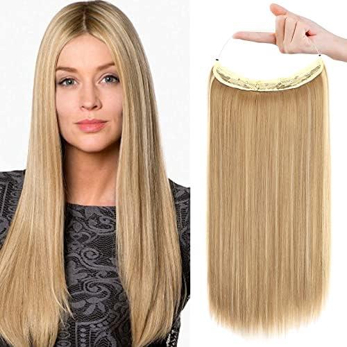 REECHO Invisible Wire Hair Extensions with Transparent Headband Adjustable Size Removable Secure Clips in Straight Secret Hairpiece for Women (20 Inch, Golden Blonde with Highlights)