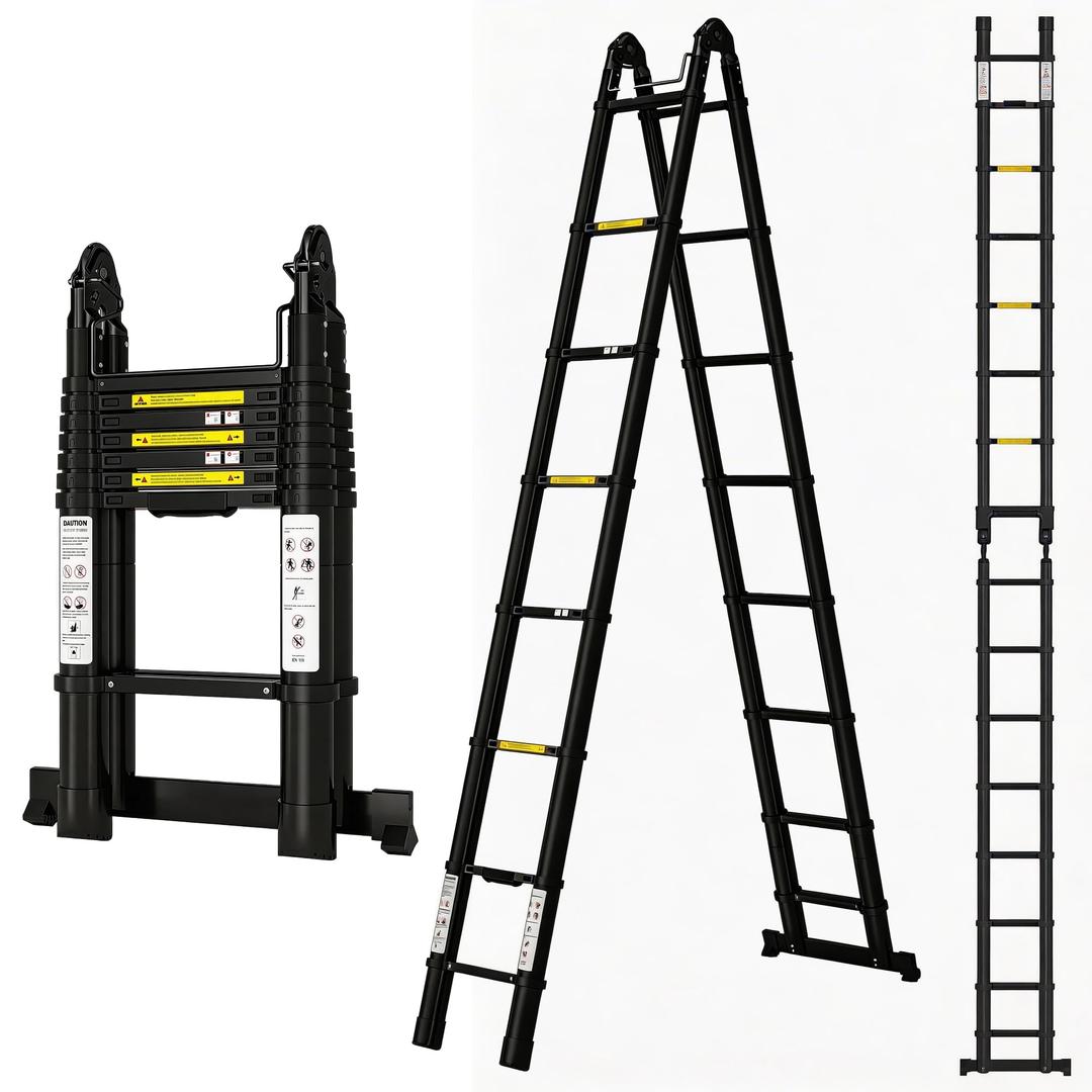 Telescoping Ladder A Frame 16.5Ft with Stabilizer Bar, Jet Black