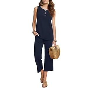 YSYOKOW Two Piece Sets for Women Summer Sleeveless Tank Top and Capri Pants Lounge Set Casual Travel Outfit with Pockets(Navy Blue, Large)