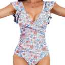 B2prity Women's One Piece Swimsuit Ruffle Slimming Tummy Control Bathing Suit Criss Cross High Waist 1 Piece Swimwear (X-Large, Orange Floral Printed)