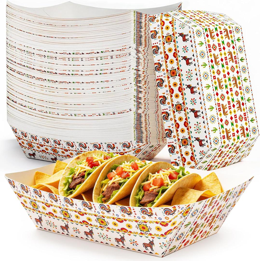 100 Pack 2 lb Mexican Nacho Paper Food Boats, Fully Assembled | Soccer watch party trays, taco night food boats, game day snack containers, BBQ serving supplies, fiesta party essentials