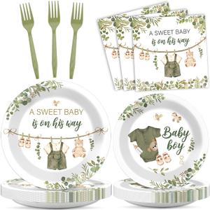 96Pcs Greenery Baby Shower Plates and Napkins Decoration Sage Green Baby Boy Party Tableware Dinnerware Set A Sweet Boy Is On His Way Paper Plates for Gender Reveal Party Supplies Serves 24 Guests