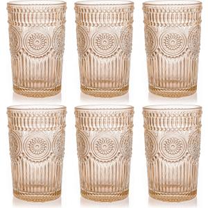Kingrol 6 Pack 12 oz Colored Drinking Glasses, Premium Glassware Set for Water, Juice, Beverages, Cocktail - Romantic Embossed Design - for Wedding Party, Daily Use