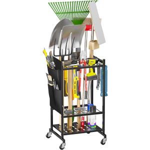 SUFAUY Garden Tool Organizer, Rolling Heavy-Duty Garage Tool Stand, Yard Storage Rack with Casters and Hooks, Black