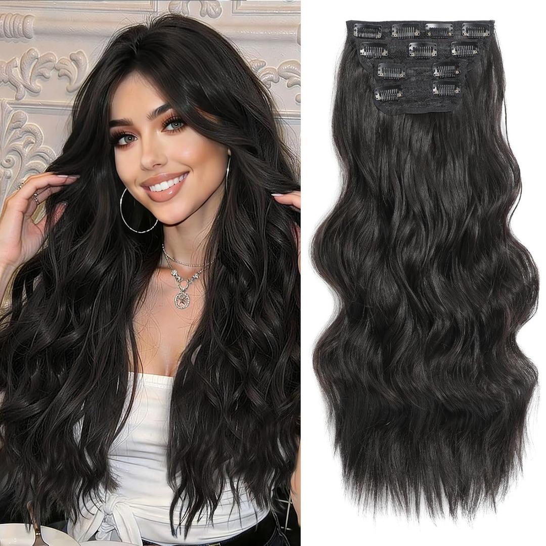 Clip in Hair Extensions 4PCS 200g/5oz Long Wavy Curly Balayage Hair Extensions Clip Ins for Women Thick Double Weft 22 Inch Hairpieces (Black Brown)