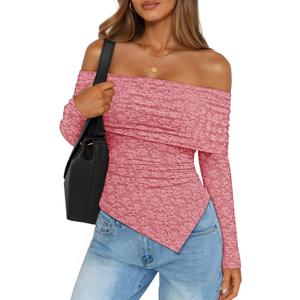 ZESICA Women's Fall Floral Off Shoulder Tops 2025 Mesh Long Sleeve Shirts Asymmetrical Ruched Tee Blouses Trendy Outfits (Pink, XL)