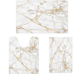 EMMTEEY Bathroom Rugs Sets 3 Piece,White Grey Gold Bathroom Rug Set,Marble Bath Rugs Toilet Mats Thin Super Absorbent Bath Mat Quick Dry Non-Slip for Floor Mats Shower Sink and Bathtub Accessories (17"x24"+20"x32"+U Shape 20"x24")
