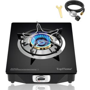 1 Burner Propane Stove 13,600 BTU High-Efficiency Tempered Glass Auto-Ignition Gas Burner Stove Top with CSA Hose for Outdoor RV Camping Emergency Cooking (Black)