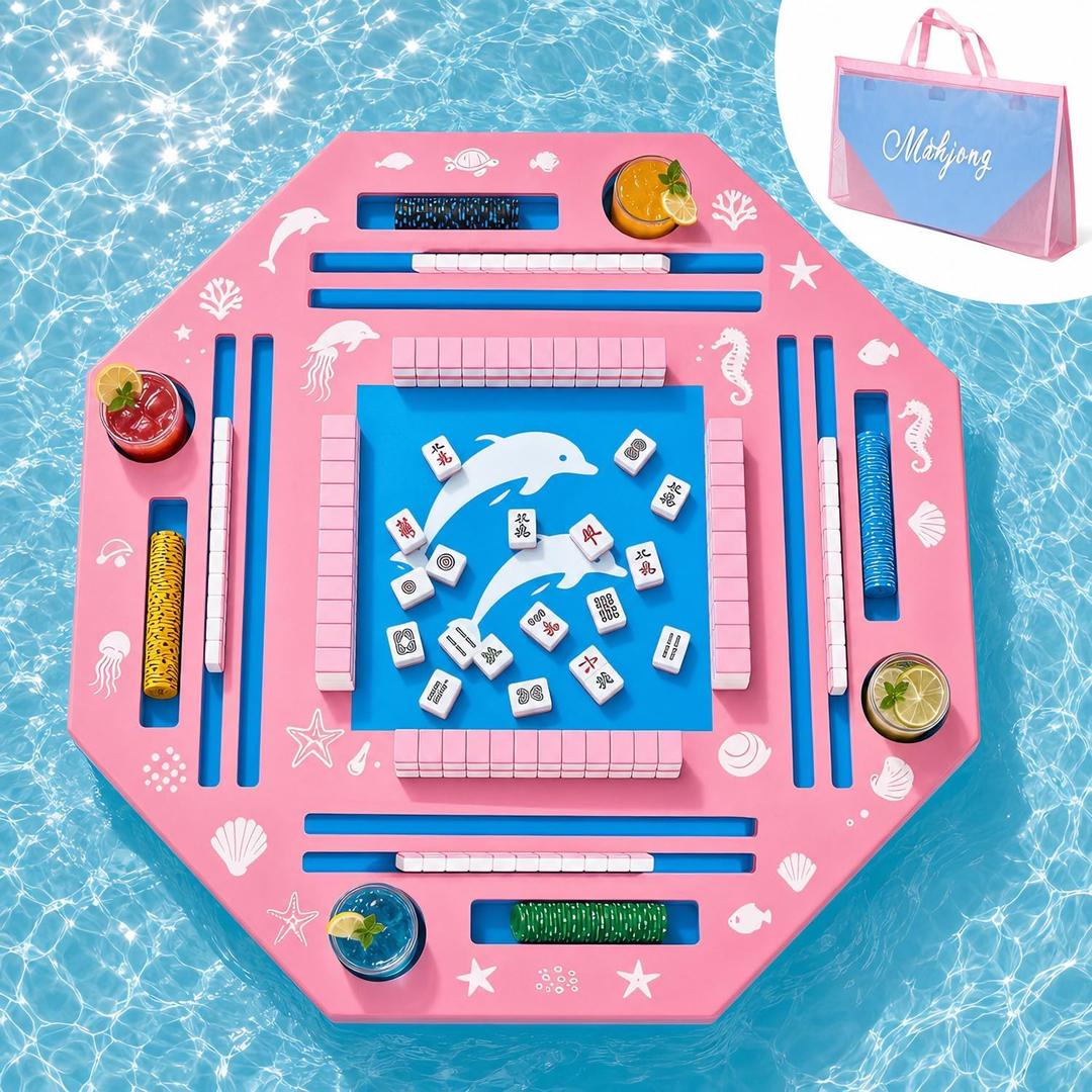 Charm&Cstay 36" Foldable Floating Mahjong Table for Pool, Poker & Dominoes | Carry Bag Included, Dual-Size Tile Grooves, Built-In Chip Areas, Phone Grooves & Snack Area, for Pool & Hot Tub Use, Pink, Extra Large