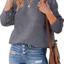 MEROKEETY Women's 2025 Long Sleeve Waffle Knit Sweater Crew Neck Solid Color Pullover Jumper Tops (Large, Grey)