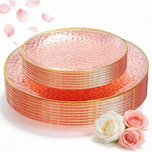 SUT 36Pcs Pink Plastic Plates, Hammered Plates Disposable Heavy Duty, Pink Disposable Plates With Gold Rim, Fancy Plastic plates Include 18 Dinner and 18 Dessert plates for Valentine's Day