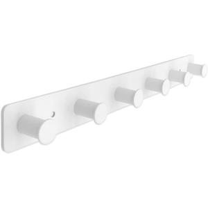 Coat Rack Wall Mounted, White Coat Hooks Adhesive & Screw in, Stainless Steel Door Hooks for Hanging Hat Towels Clothes, Hook Rail with 6 Round Hangers