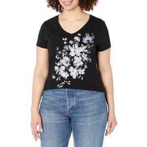 Hanes Women's Short Sleeve V-Neck Graphic T-Shirt (XX-Large, Beach Floral Cascade)