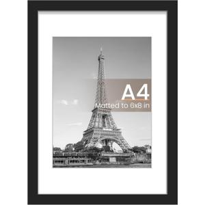 upsimples A4 Picture Frame, Display Pictures 6x8 with Mat or 8.3 x 11.7 Without, Wall Hanging Photo Frames, Black, 1 Pack