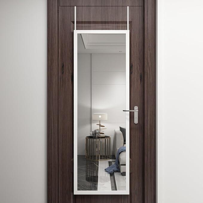 Over The Door Full Length Mirror Wall Mounted Hanging Full Body Length | 48*16"Mirror with 2 Metal Hangers for Bedroom Living Room Bathroom White