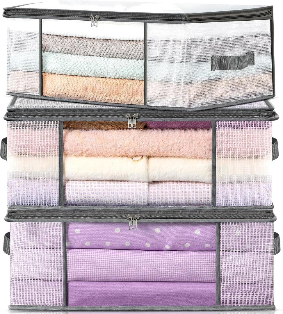 LANDNEOO 3-Pack Clothes Storage Bags, Plastic Foldable Blanket Storage bins, Closet Organizer Container for Bedroom, Bedding, Comforters, Pillows, and Clothing - 35L with Handles