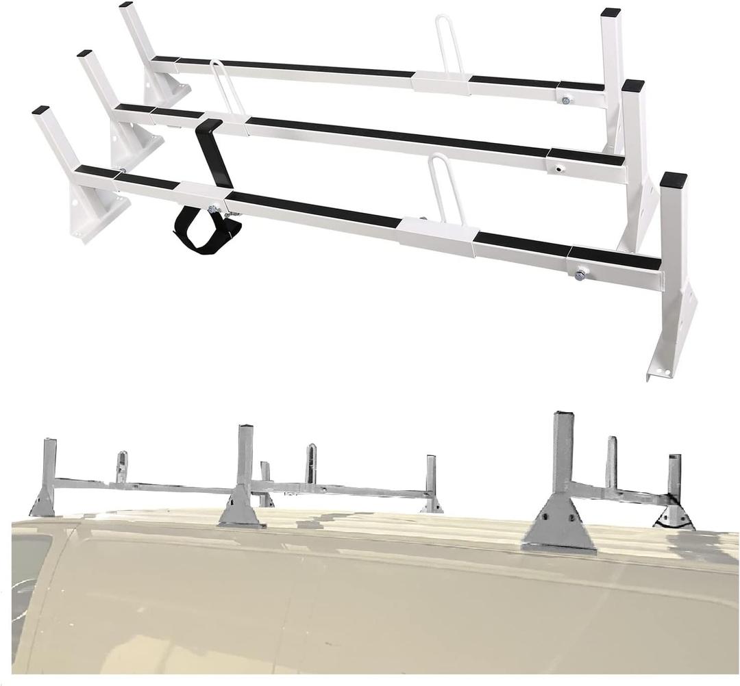 Universal Van Ladder Rack Full-Size 68"-75" Compatible with Ford E150 250 350 Chevrolet Express 1500 2500 3500 GMC Savana 3 Bars Roof Rack Steel (3 Bar, White)