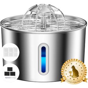 Cat Water Fountain Stainless Steel - 74oz/2.2L Pet Gift Dog Water Dispenser Automatic Silent Cats Dispenser for Drinking Indoor Metal Kitty Spout Fountains with 3 Filters & 3 Sponges Cat Dogs Gifts
