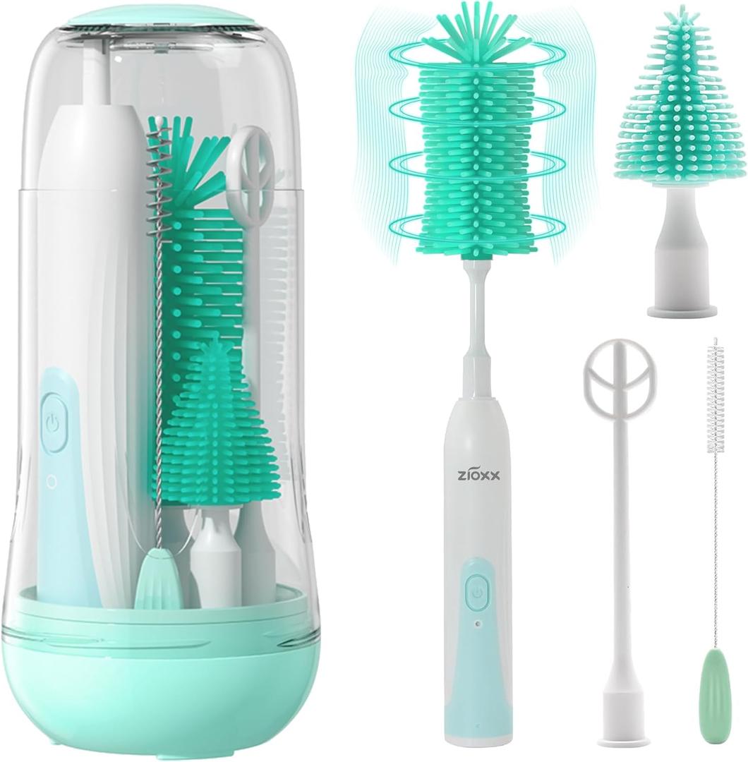Electric Bottle Brush Cleaner, Portable Electric Baby Bottle Brush Cleaner for Travel, Rechargable Travel Bottle Cleaner Kit with Nipple & Straw Brush, Perfect Mom Essentials After Birth Gift, Green (Round Model for Home Use)