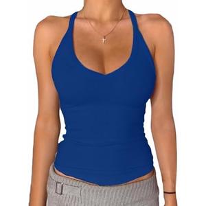 Danysu V Neck Racer Back Tank Top for Women Padded Ribbed Long Tank Fitted Basic Cami Tops Medium