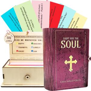 150 Bible Verse Cards, Catholic Prayer Box with Saints Quotes, Read Me When Cards with 3D Wooden Cross and Stand, Bible Verse Jar for Emotions, Christian Gifts for Women Men, Encouragement and Hope, 4.4 x 2.75 x 1.5 cm