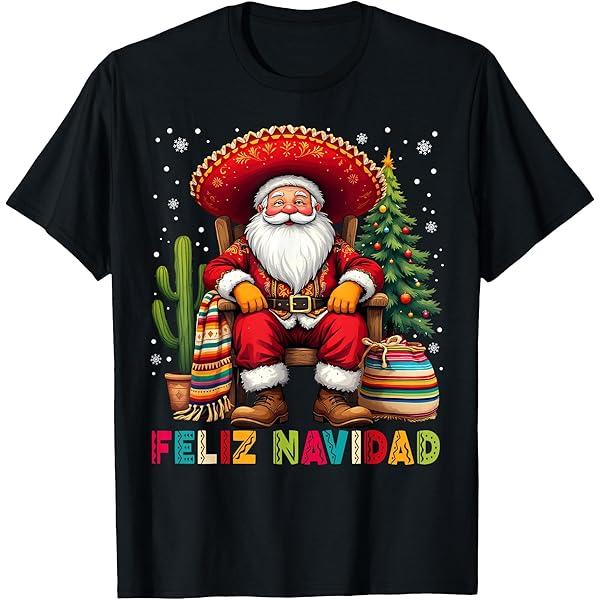 Feliz Navidad Cactus Christmas Mexican Santa Sombrero Fiesta T-Shirt S