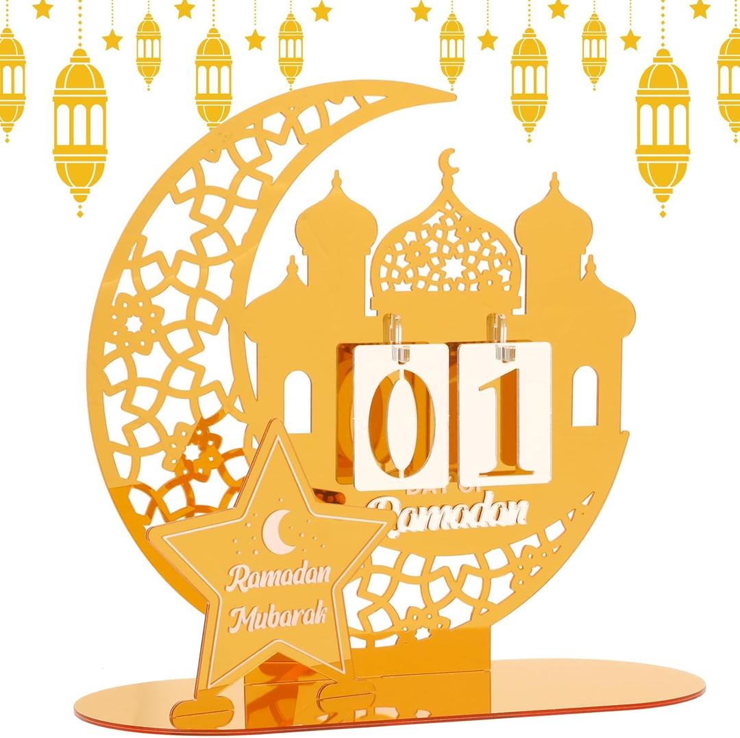 DPKOW Golden Ramadan Advent Calendar Gifts Ramadan Decorations for Home, Acrylic Crescent Mosque Countdown Calendar with Number Plates for Islamic Muslim Party Table Decor Moon Tabletop Decorations