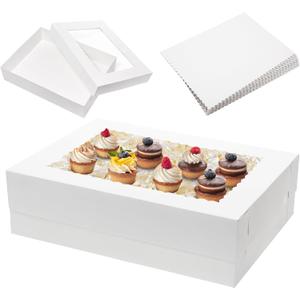 Mefleet 6pcs 19x14x5 Half Sheet Cake Boxes with 6pcs Cake Boards Rectangle 1/2 Sheet Bakery Boxes with Window for Pastry Baking Cake, Cupcakes, Donuts, Cookies, Pie Treat Packaging White Large