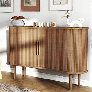 55 Inch Buffet Cabinet, Sideboard with Storage Mid Fluted Sliding Doors Accent Storage Cabinet for Dining Room, Kitchen, Living Room, Walnut