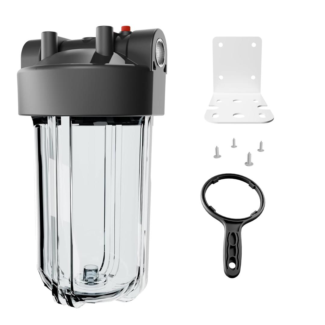 10" x 4.5" Whole House Water Filter Housing 1" NPT Stainless Steel Ports, Heavy Duty Clear Filter Sump Double O-Ring Leak-Proof with Pressure Release Valve Fits All 10x4.5 Filters