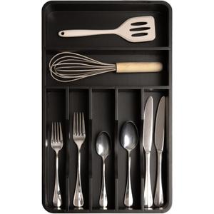 KitchenEdge Silverware Organizer - Cutlery, Flatware, and Utensil Holder for Kitchen Drawers, Fixed 10.5 Width, 7 Storage Compartments, Non-Slip Feet, Rounded Corners, 100% Bamboo, Black Finish