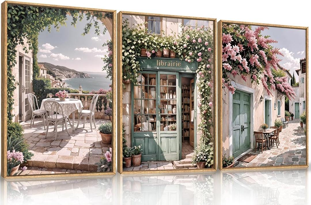Modern French Flower Street Framed Canvas Wall Art Set,Romantic Green Landscape Wall Decor,Vintage Mediterranean Bookstore Neutral Coast Cityscape Artwork for Living Room, Bedroom-16 x24 x3