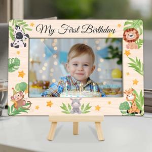 My 1st Birthday Picture Frames, Jungle Animal Wooden 4x6 Photo Frame with Easel, Baby First Year Birthday Gifts for Home Office Tabletop Display Decorations - G04