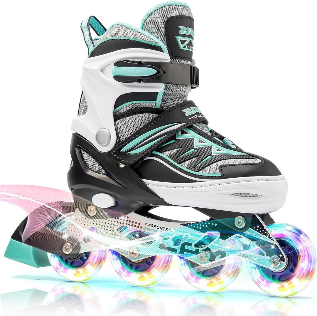 2PM SPORTS Cytia Pink Girls Adjustable Illuminating Inline Skates with Light up Wheels, Fun Flashing Beginner Roller Skates for Kids (Mint, Medium - Big Kid (13C-3 US))