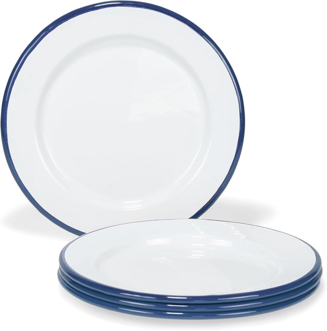 Red Co. Set of 4 Enamelware Metal Classic 8" Round Salad Plate, Solid White/Navy Blue Rim