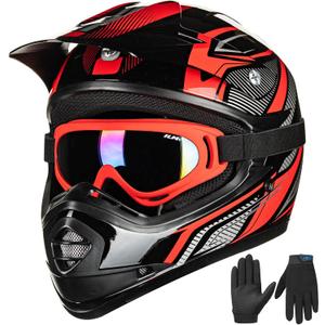 ILM Youth Kids ATV Motocross Helmet Goggles Sports Gloves Dirt Bike Motorcycle Off Road DOT Approved B07 (Youth-L, Red/Silver)