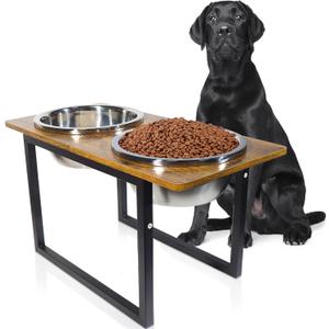 Elevated Dog Bowls for Large & Extra Large Breed Dogs - Raised Dog Feeding Station with Two Stainless Steel Bowls - Helps to Reduce Strain on Dogs Neck & Joints - 3500 ML Capacity (Rustic Brown)