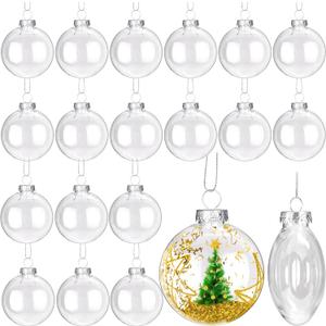 32Pcs Clear Christmas Ornament Ball, 3.15 Inches Transparent Fillable Tree Ornaments with Removable Silver Cap Hanging Cords, Flat Plastic Round Ball for Xmas Holiday Home Party Decor DIY Crafts