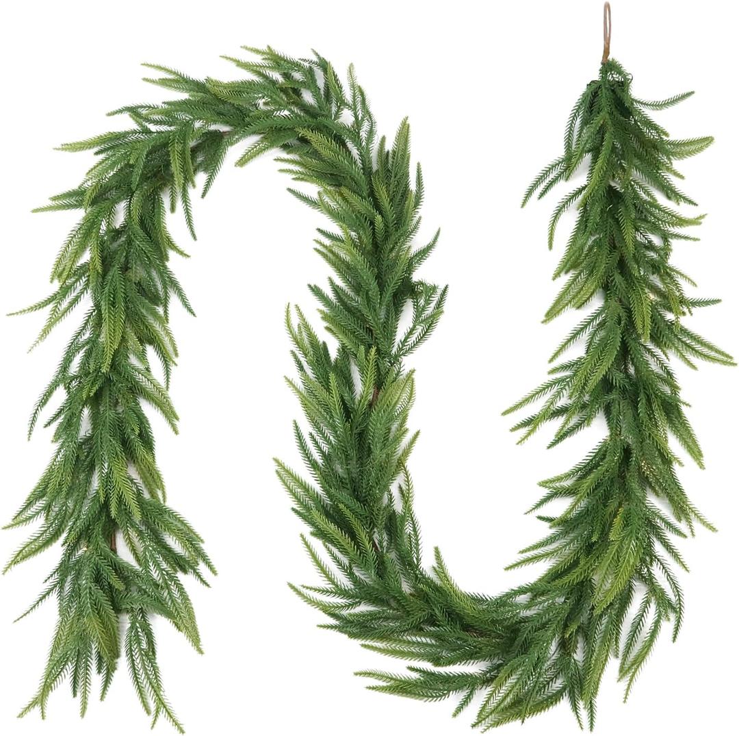 9ft Christmas Garland, Real Touch Norfolk Pine Garland for Decoration Christmas, Artificial Faux Greenery Garland for Mantle,Outdoor,Stairs Railing,Wall,Table,Indoor